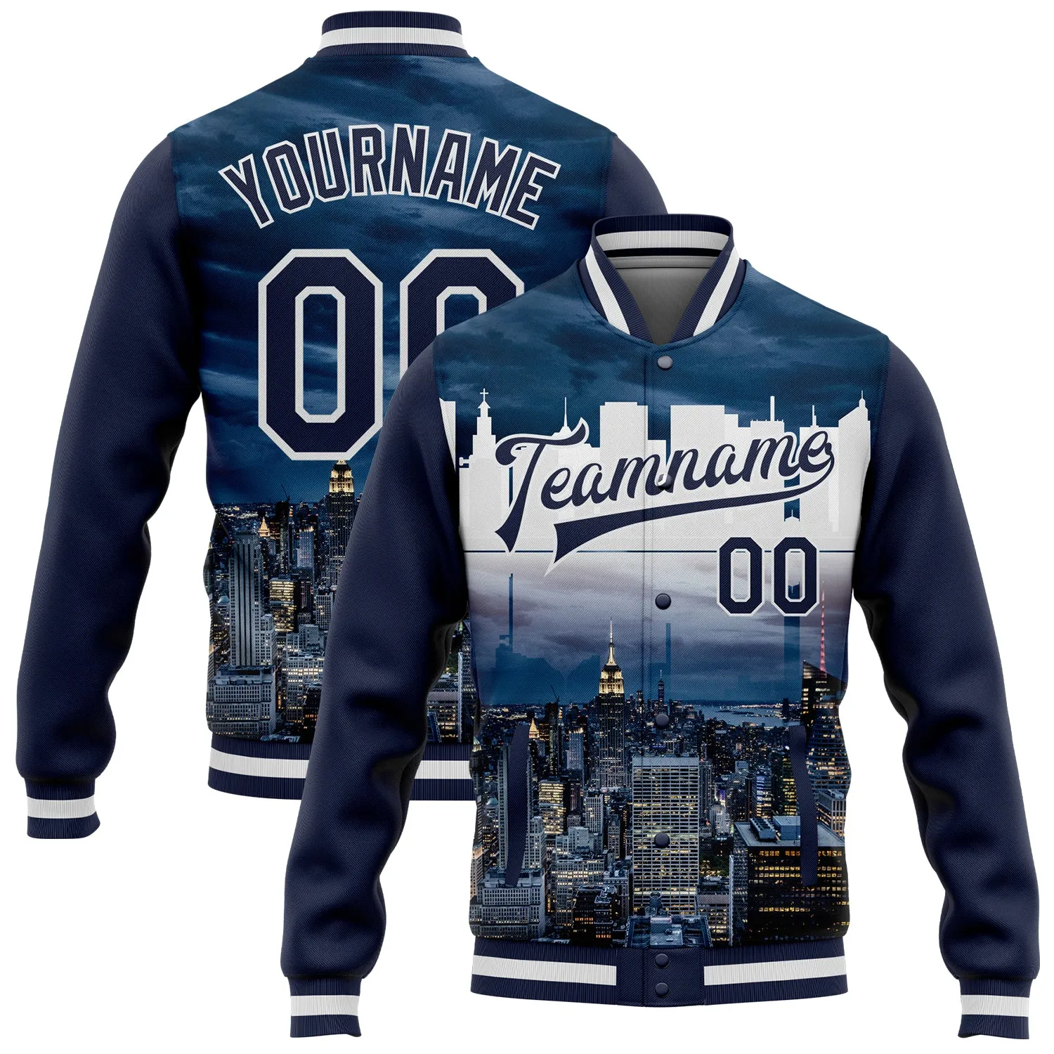 Custom Navy White New York City Edition 3D Bomber Full-Snap Varsity Letterman Jacket