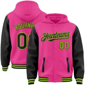 Custom Pink Black-Neon Green Bomber Full-Snap Varsity Letterman Two Tone Hoodie Jacket