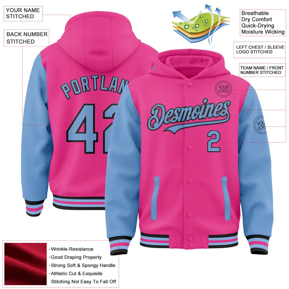 Custom Pink Light Blue-Black Bomber Full-Snap Varsity Letterman Two Tone Hoodie Jacket