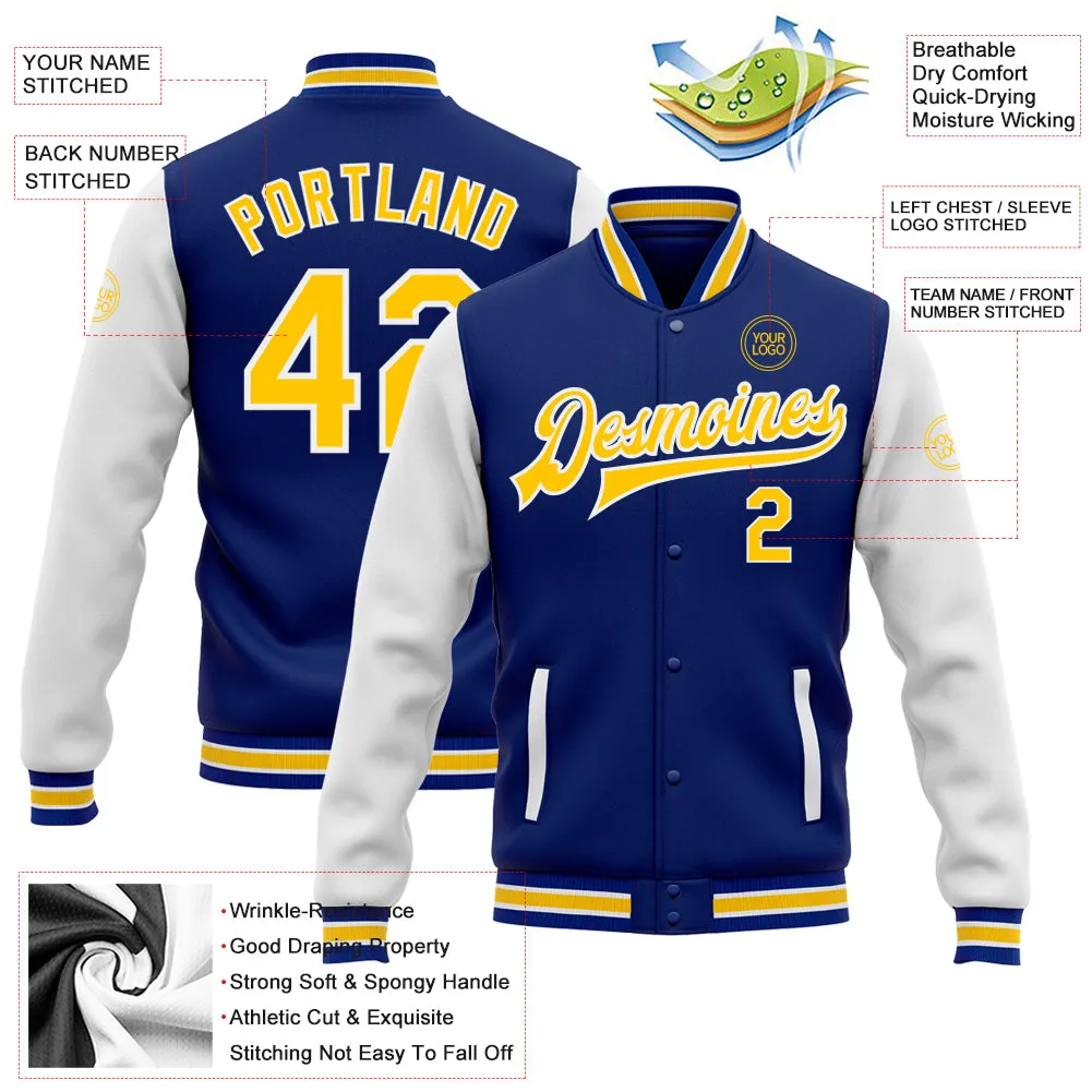 Custom Royal Yellow-White Bomber Full-Snap Varsity Letterman Two Tone Jacket