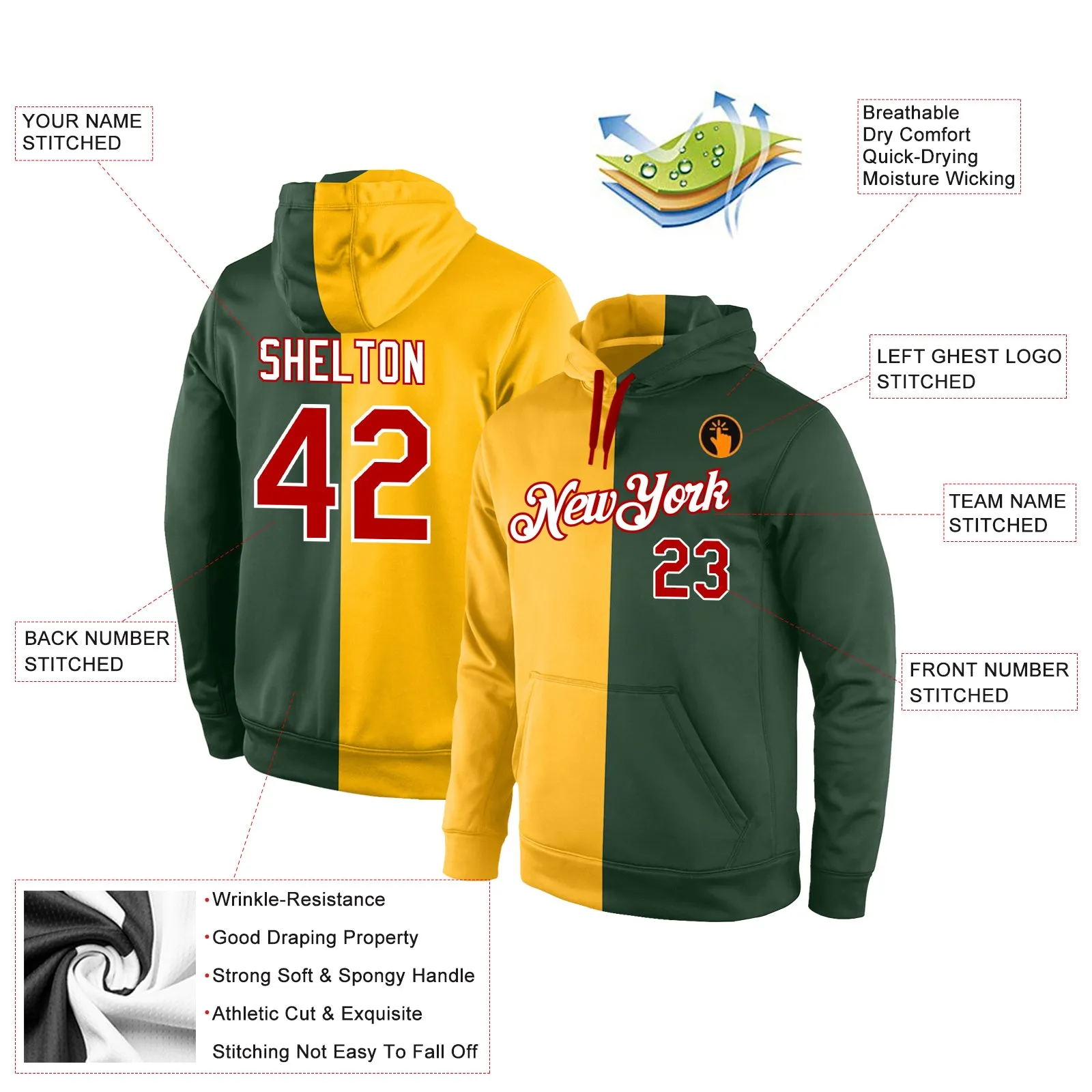 Custom Stitched Gold Red-Green Split Fashion Sports Pullover Sweatshirt Hoodie