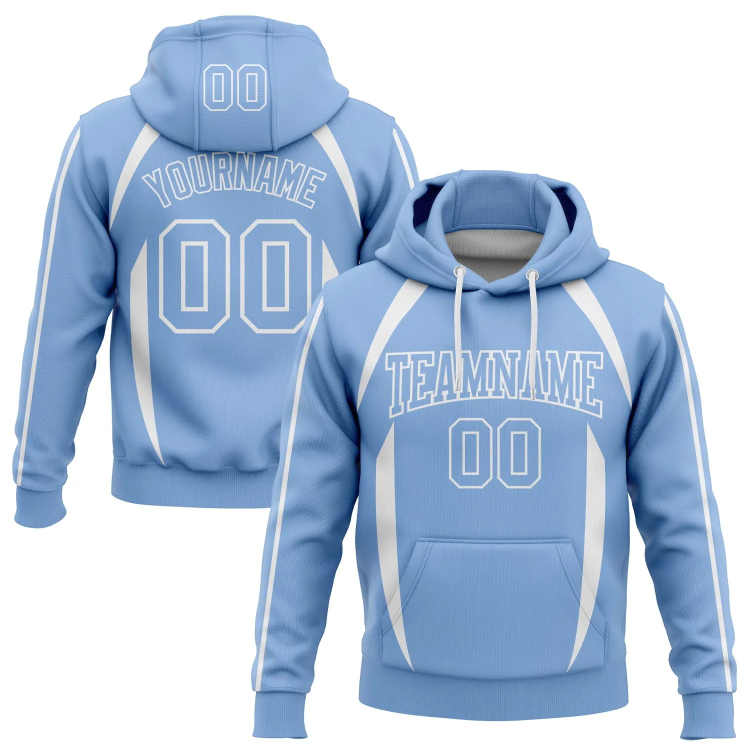 Custom Stitched Light Blue White 3D Pattern Design Contrast Color Stripe Sports Pullover Sweatshirt Hoodie