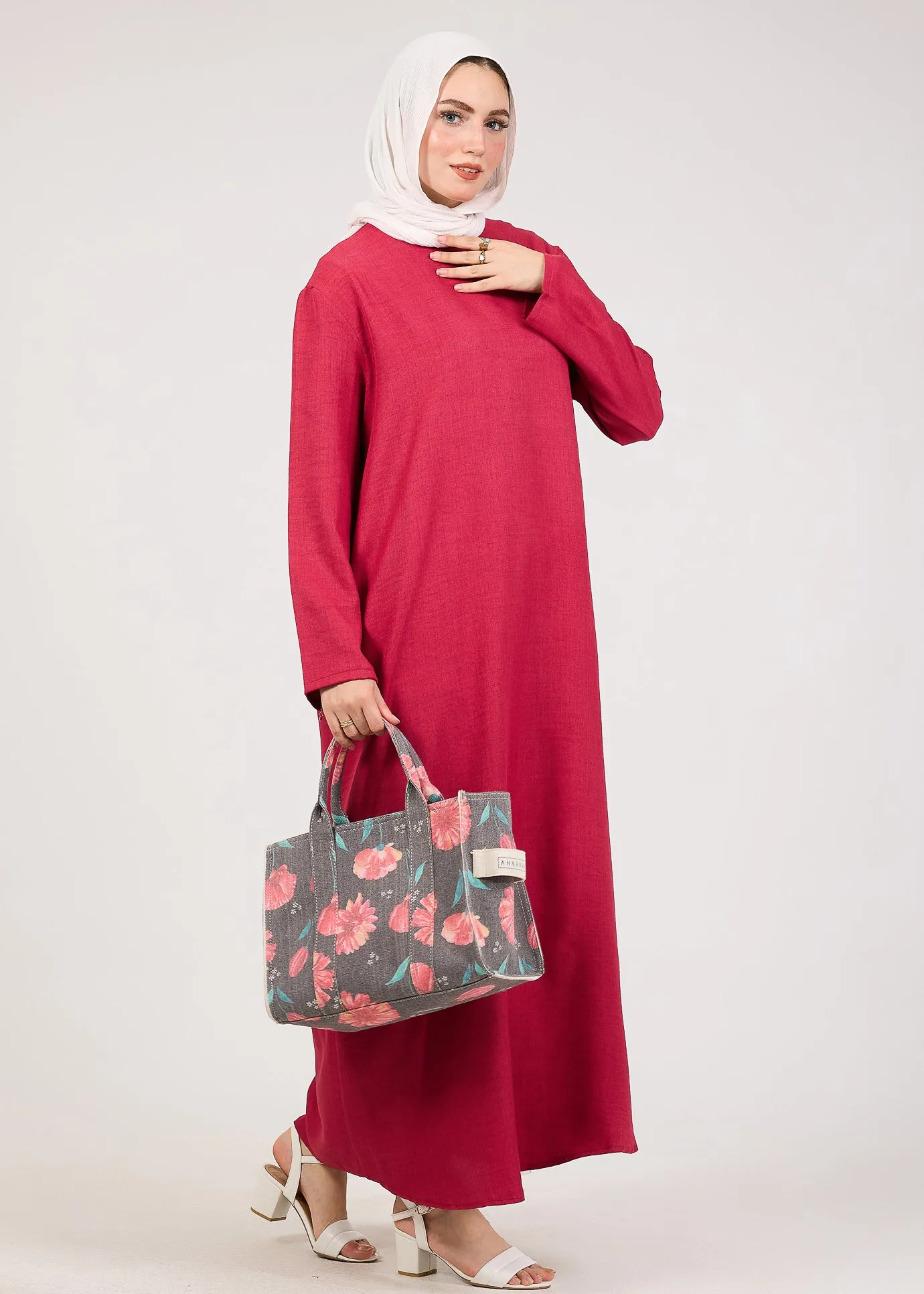 Dark Pink Kira loose slip dress with pockets in maxi length and with long sleeve