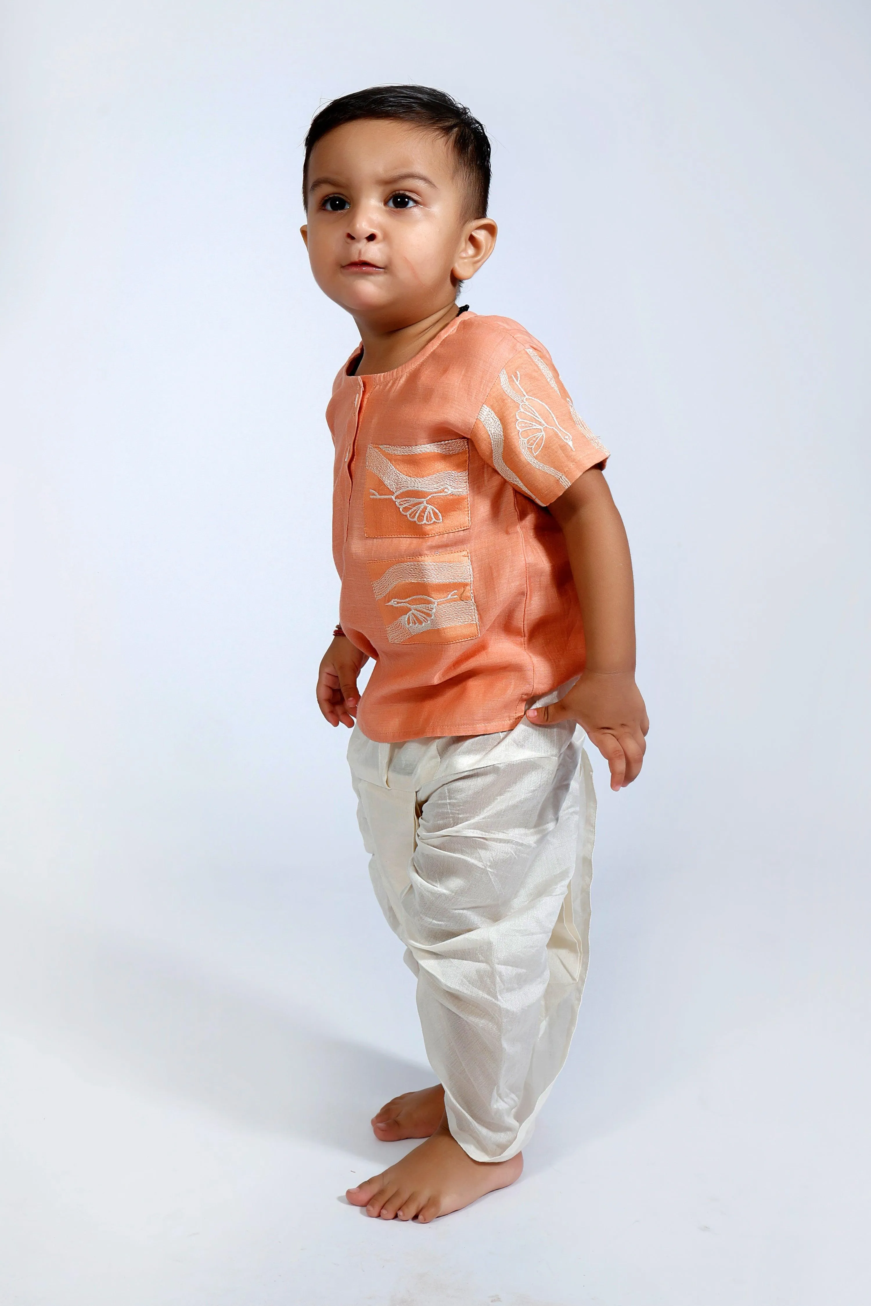 Designer Chanderi Short Ethnic Kurta with Dhoti for Boys - Peach