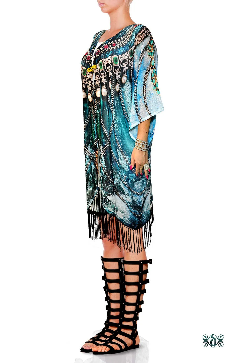 Devarshy SUB AQUALOGY Blue Ornate Chains Fringes Short Kimono Jacket - 1060A