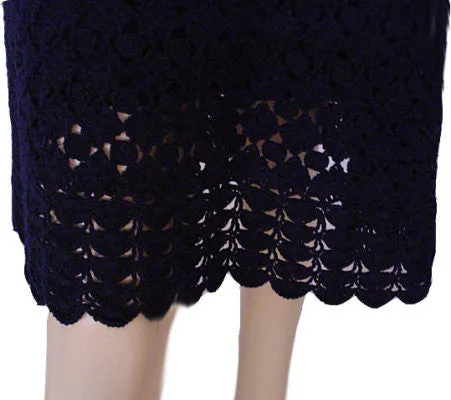 DIANE VON FURSTENBERG $568 RARE STYLE CROCHETED CLASSIC NAVY DRESS WITH SCALLOPED HEM - SIZE LARGE