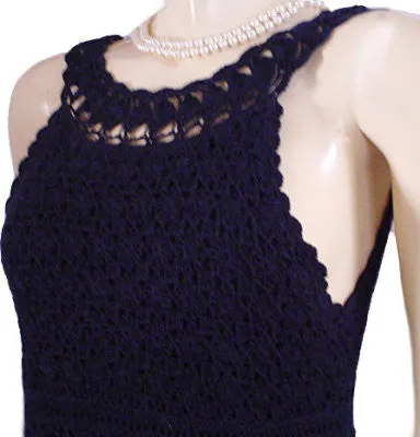 DIANE VON FURSTENBERG $568 RARE STYLE CROCHETED CLASSIC NAVY DRESS WITH SCALLOPED HEM - SIZE LARGE