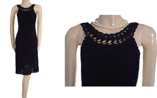 DIANE VON FURSTENBERG $568 RARE STYLE CROCHETED CLASSIC NAVY DRESS WITH SCALLOPED HEM - SIZE LARGE