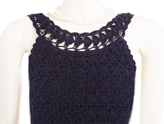 DIANE VON FURSTENBERG $568 RARE STYLE CROCHETED CLASSIC NAVY DRESS WITH SCALLOPED HEM - SIZE LARGE