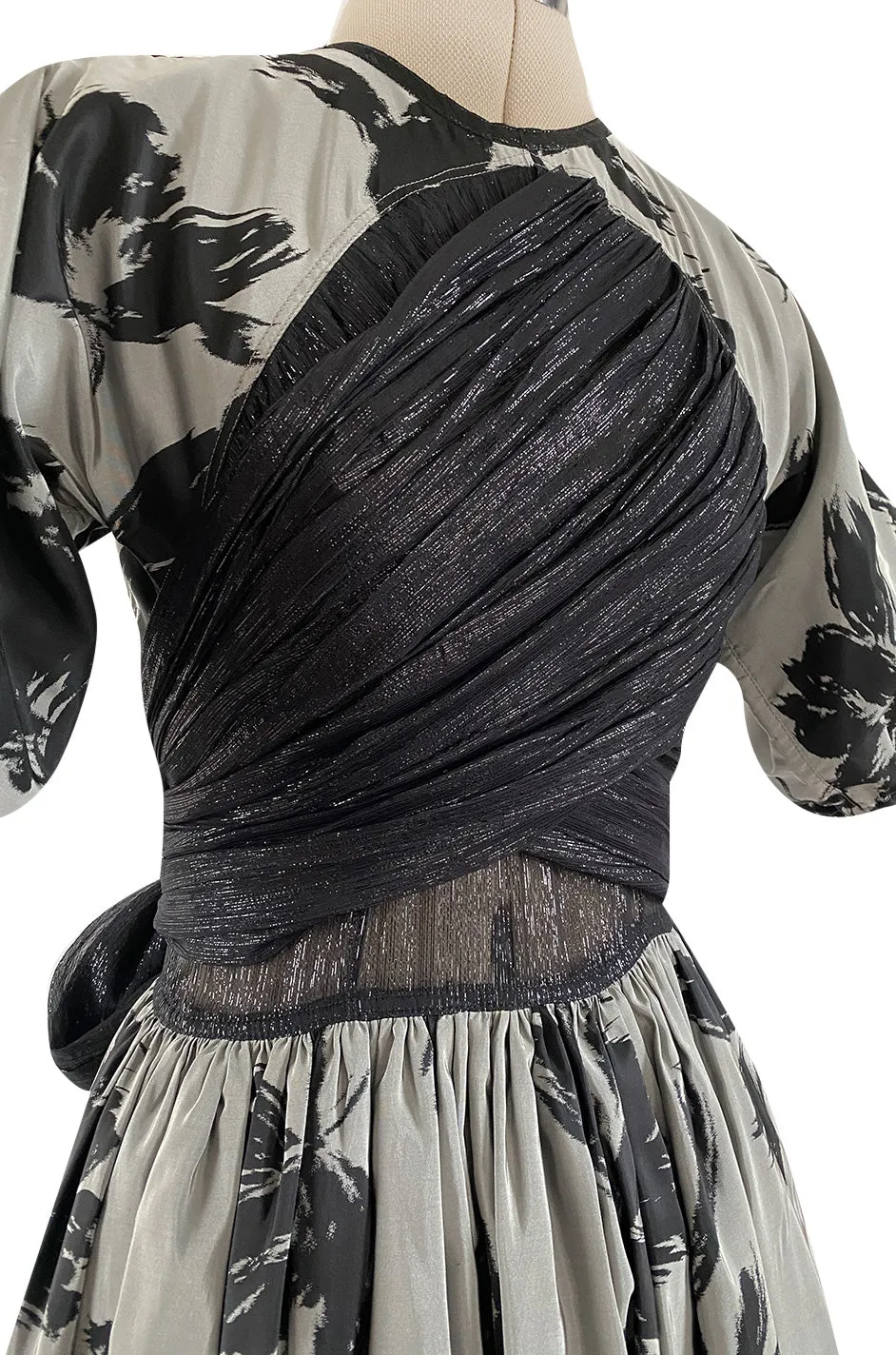 Documented Fall 1984 Geoffrey Beene Couture Silver Grey & Black Silk Dress w Metallic Chiffon Ties