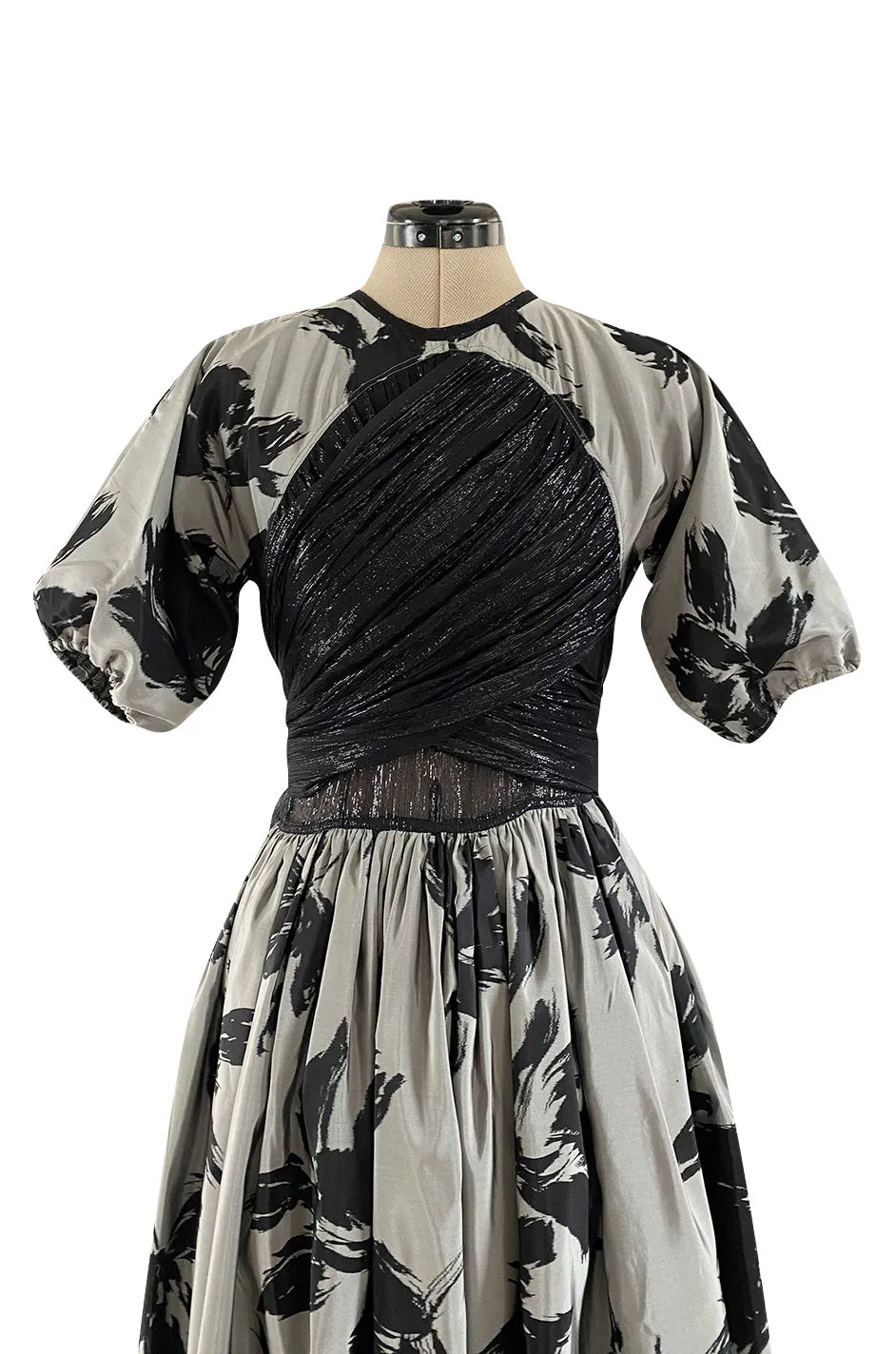 Documented Fall 1984 Geoffrey Beene Couture Silver Grey & Black Silk Dress w Metallic Chiffon Ties