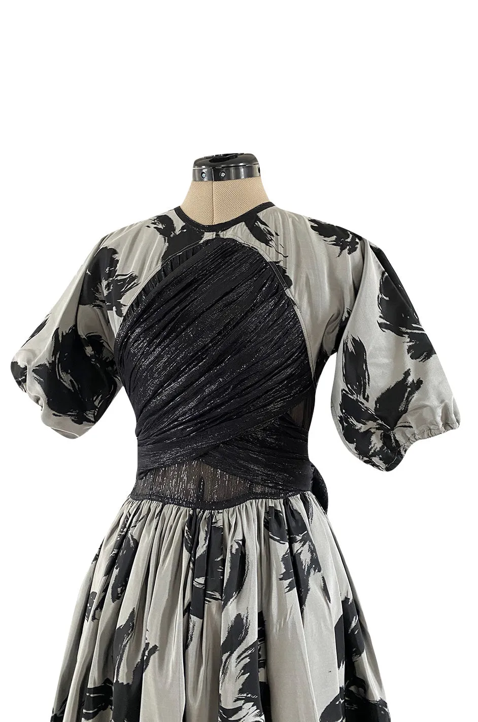 Documented Fall 1984 Geoffrey Beene Couture Silver Grey & Black Silk Dress w Metallic Chiffon Ties