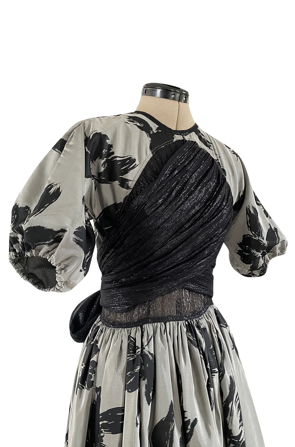 Documented Fall 1984 Geoffrey Beene Couture Silver Grey & Black Silk Dress w Metallic Chiffon Ties