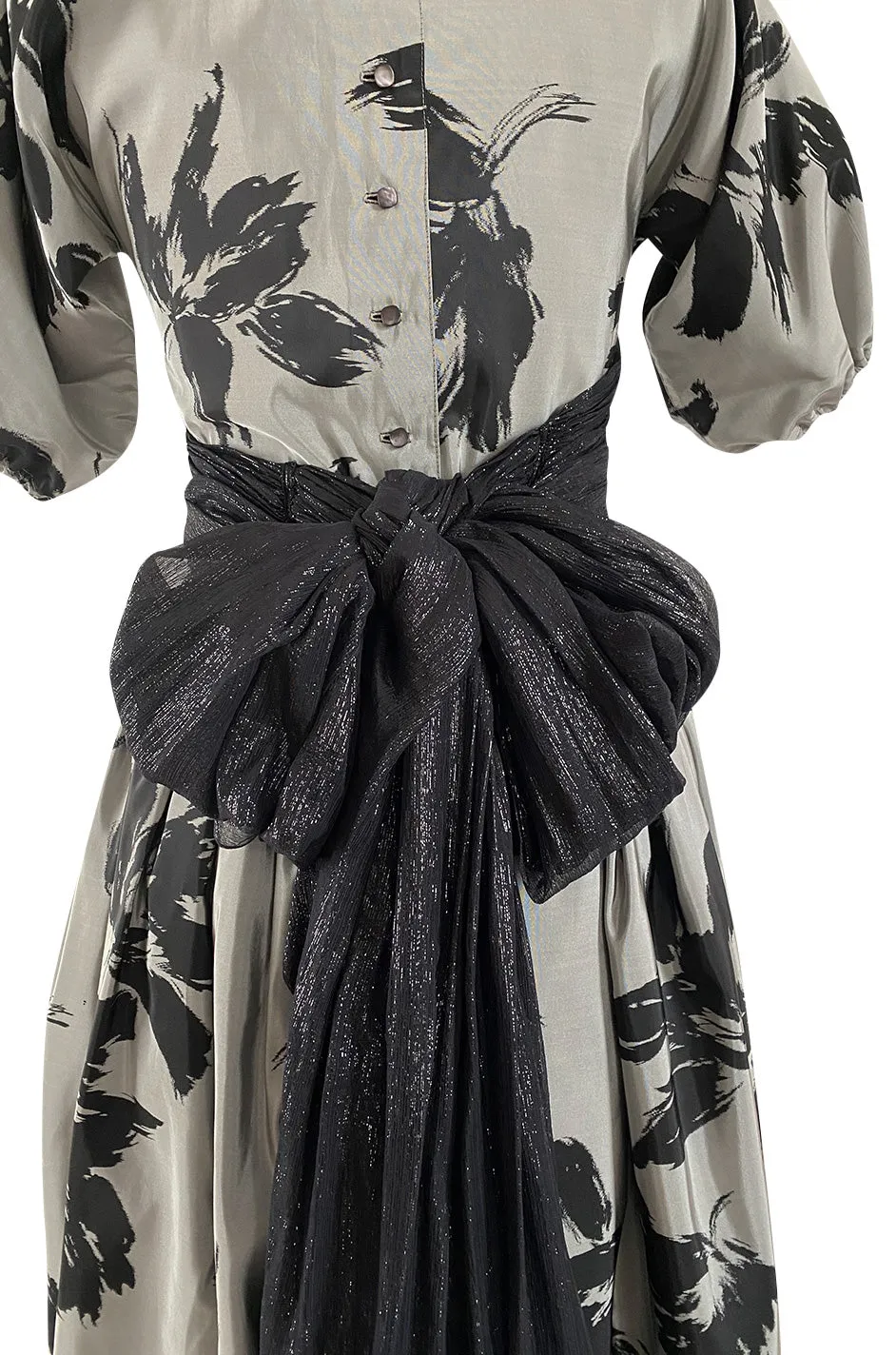 Documented Fall 1984 Geoffrey Beene Couture Silver Grey & Black Silk Dress w Metallic Chiffon Ties