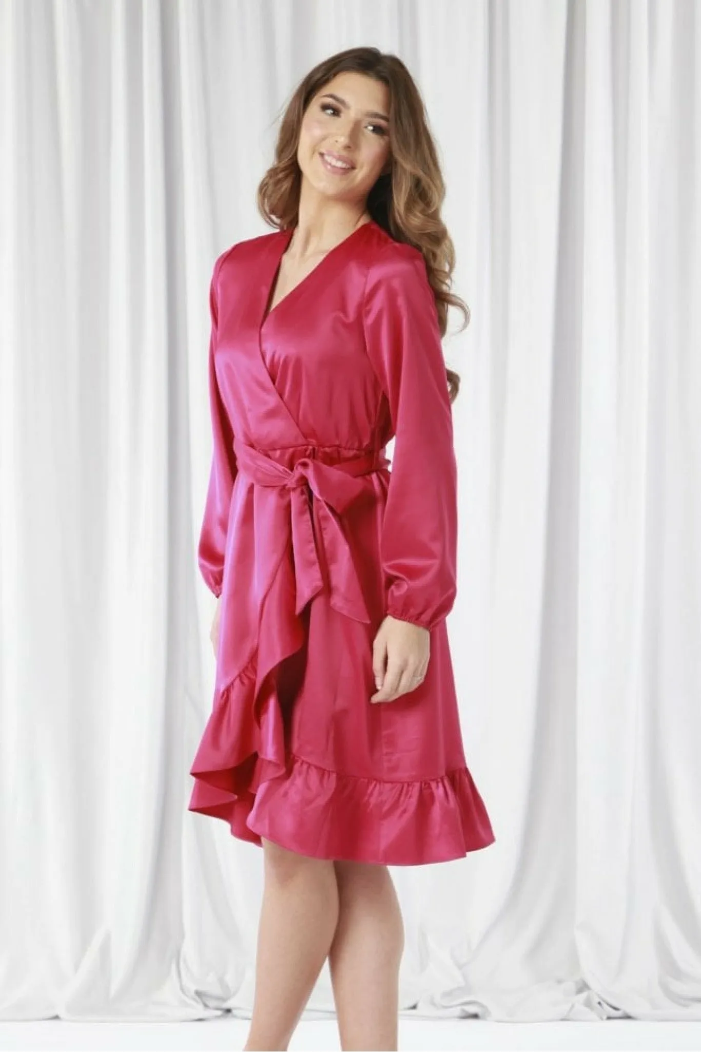 Double Second Dark Pink Frill Satin Wrap Dress