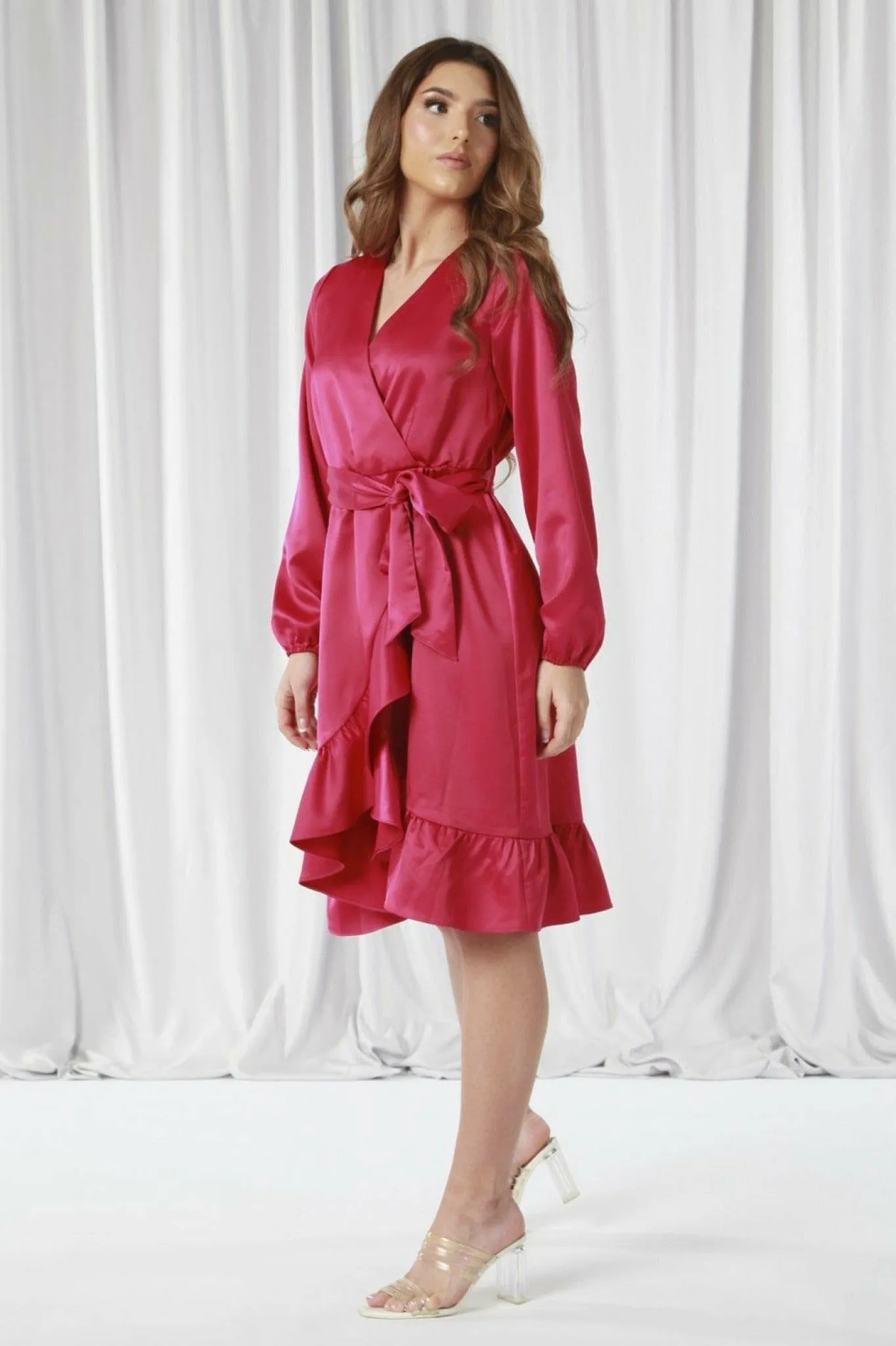 Double Second Dark Pink Frill Satin Wrap Dress