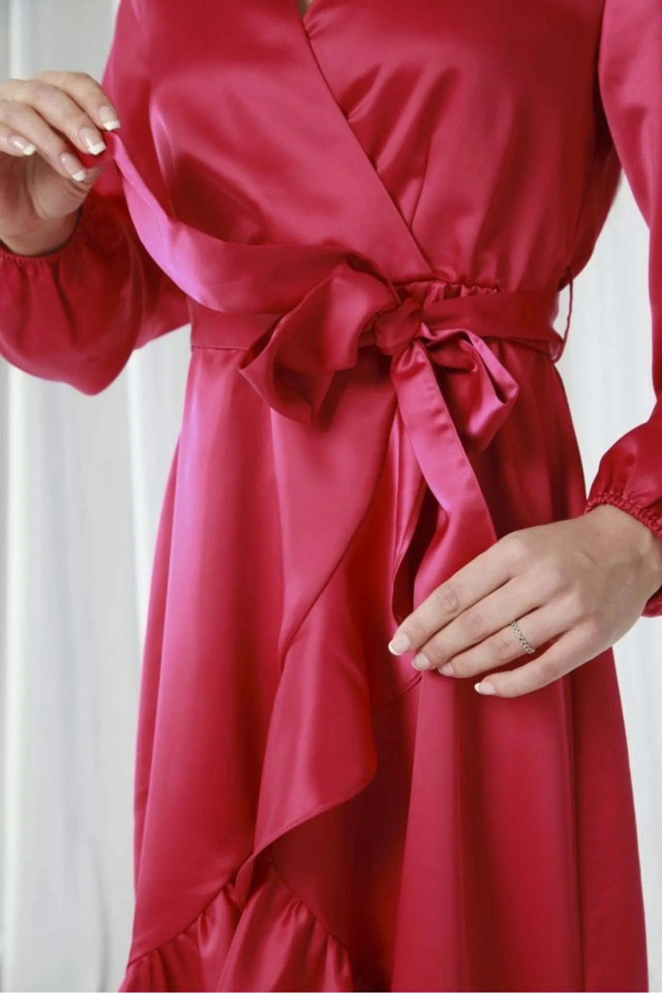 Double Second Dark Pink Frill Satin Wrap Dress