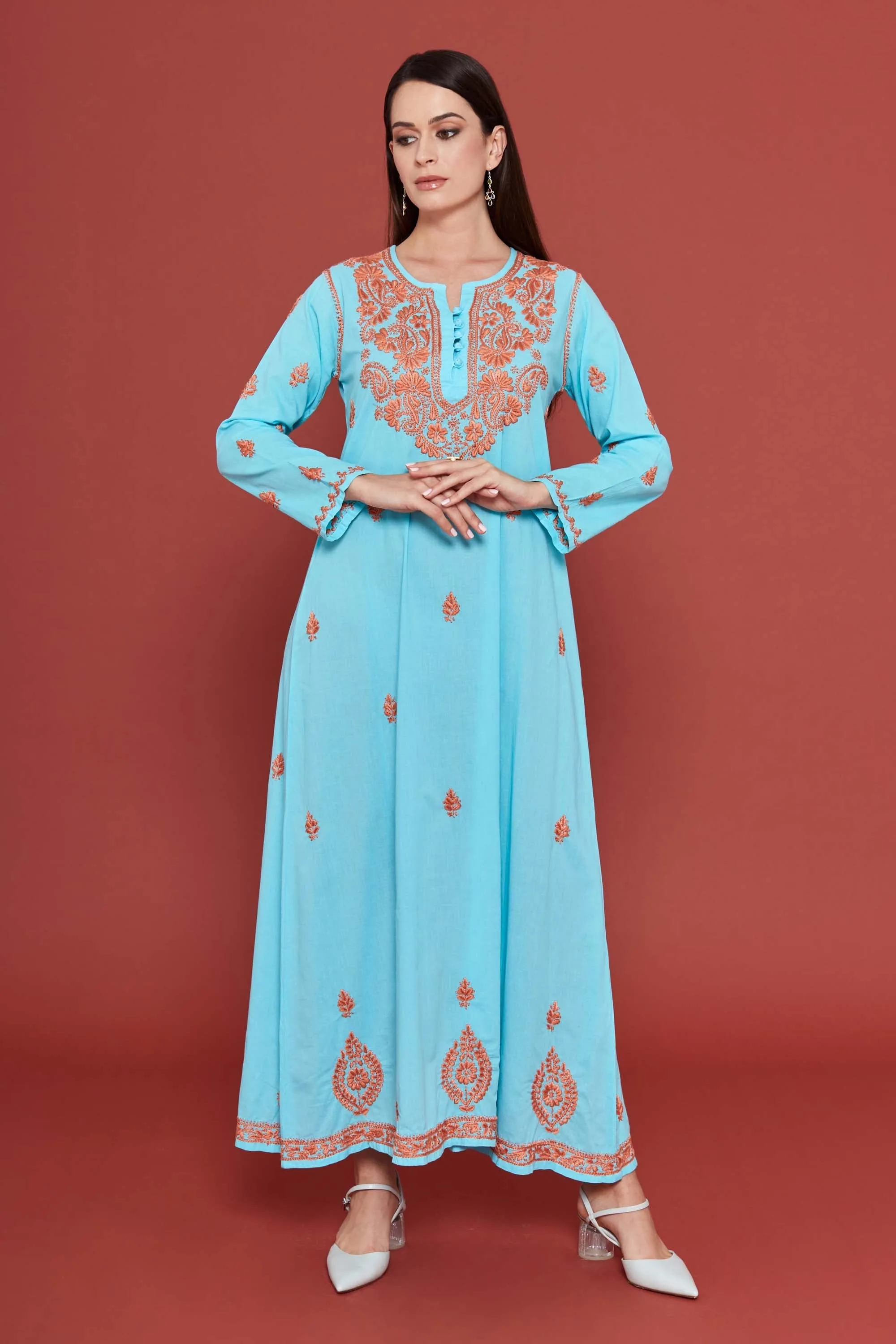 Embroidered Chikankari Kaftan in Pastel Turquoise