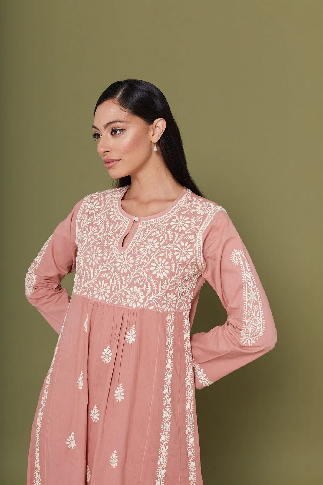 Embroidered Chikankari Kaftan in Rosette Pink