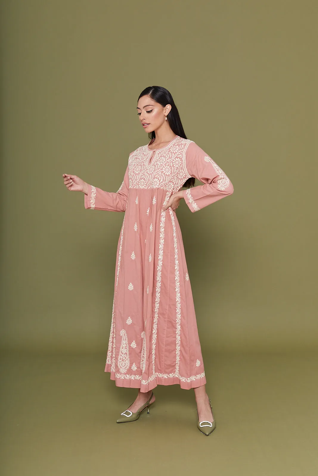 Embroidered Chikankari Kaftan in Rosette Pink