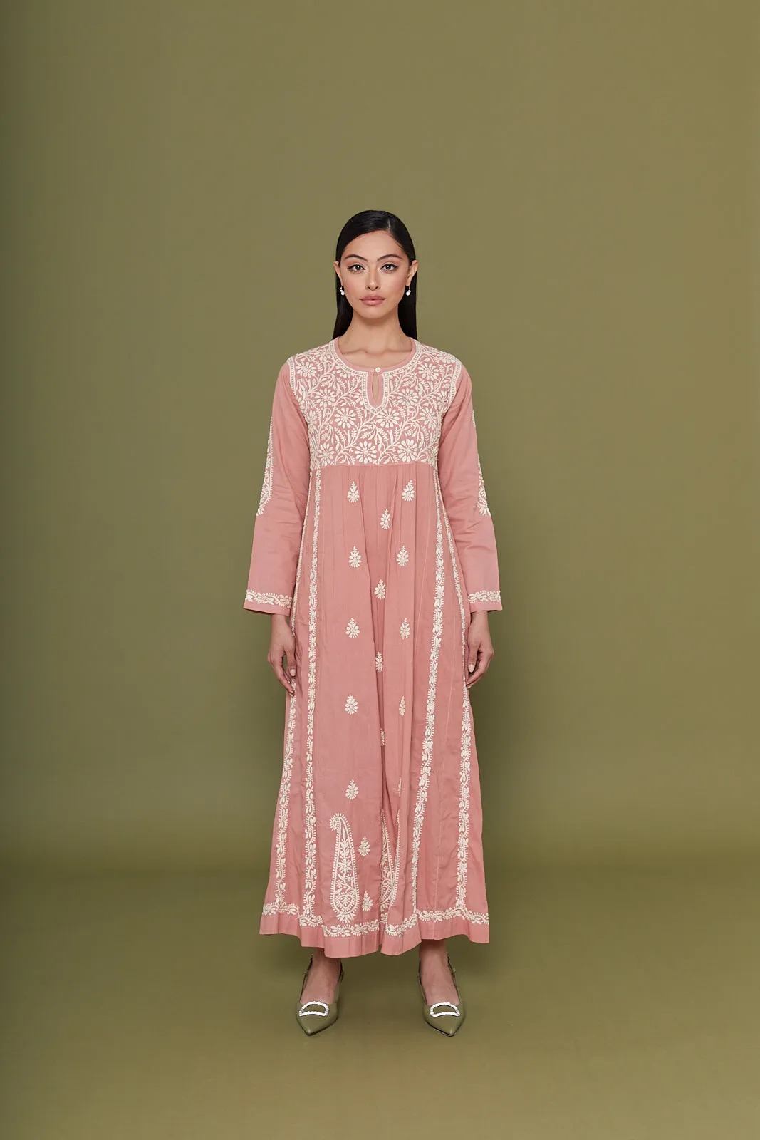 Embroidered Chikankari Kaftan in Rosette Pink