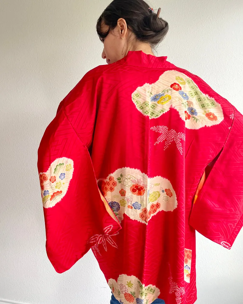 Embroidery of Japanese Traditional Pine Bamboo Plum Blossom, Shibori Haori Kimono Jacket