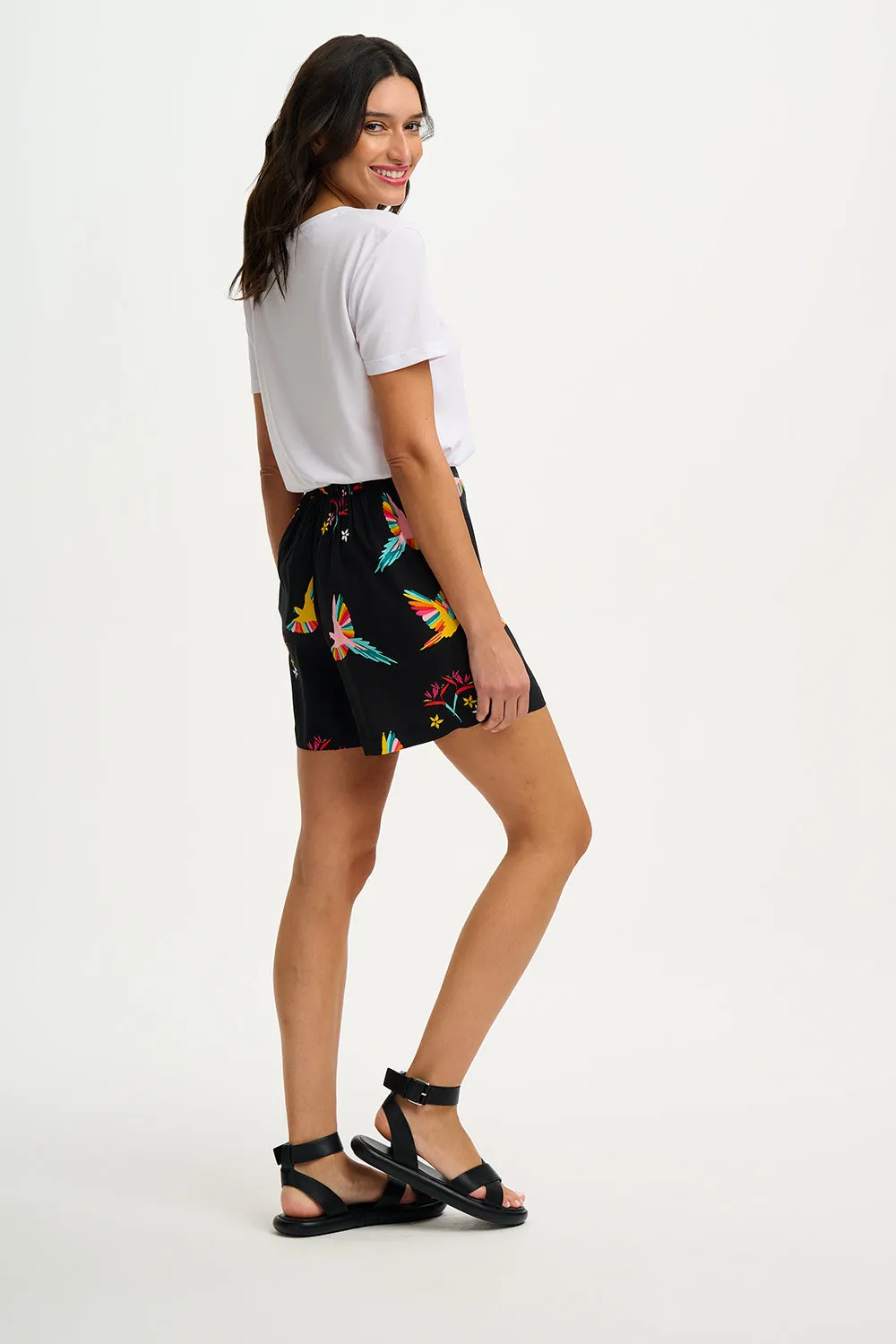 Enola Shorts - Black, Tropical Parrots