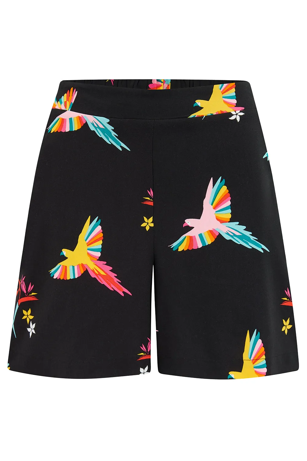 Enola Shorts - Black, Tropical Parrots