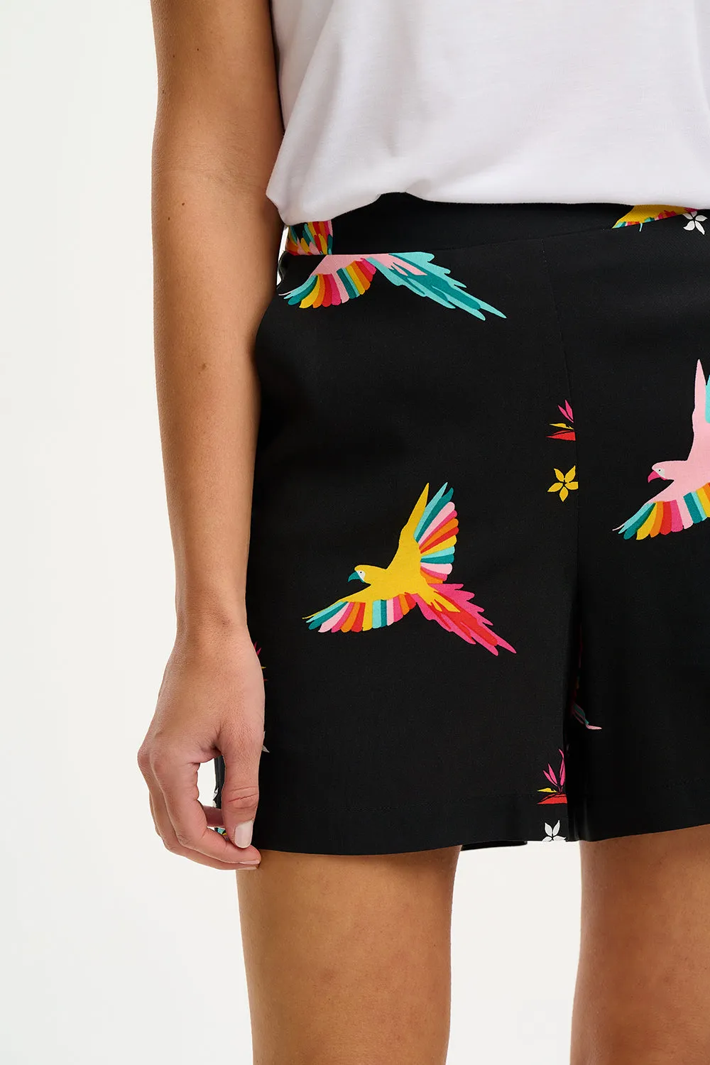 Enola Shorts - Black, Tropical Parrots