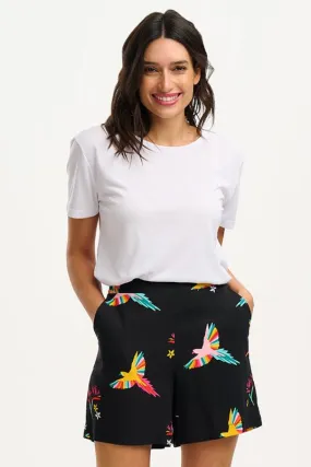 Enola Shorts - Black, Tropical Parrots