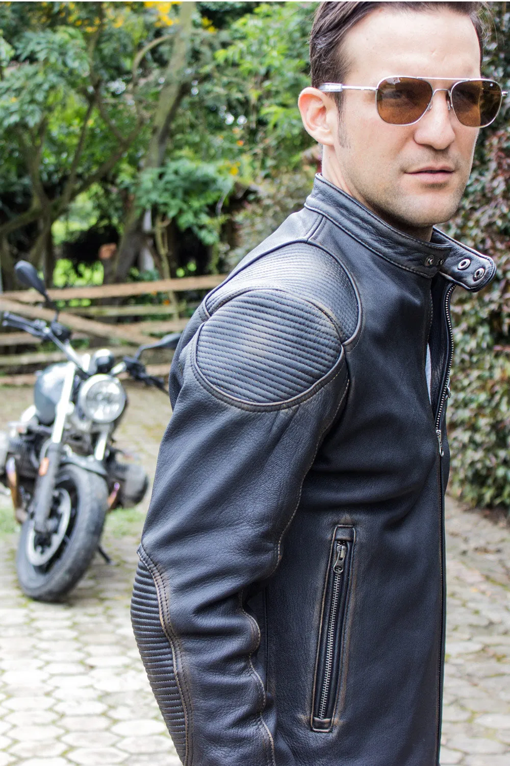 FALLOUT Leather Jacket  Distressed Black   - Cafe Racer