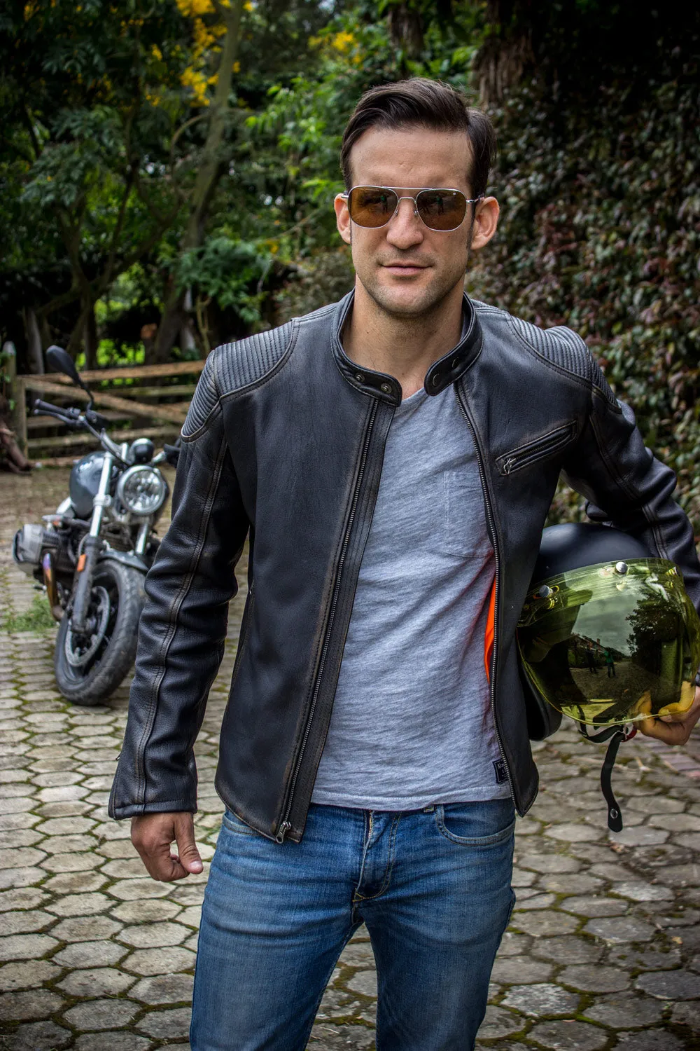 FALLOUT Leather Jacket  Distressed Black   - Cafe Racer