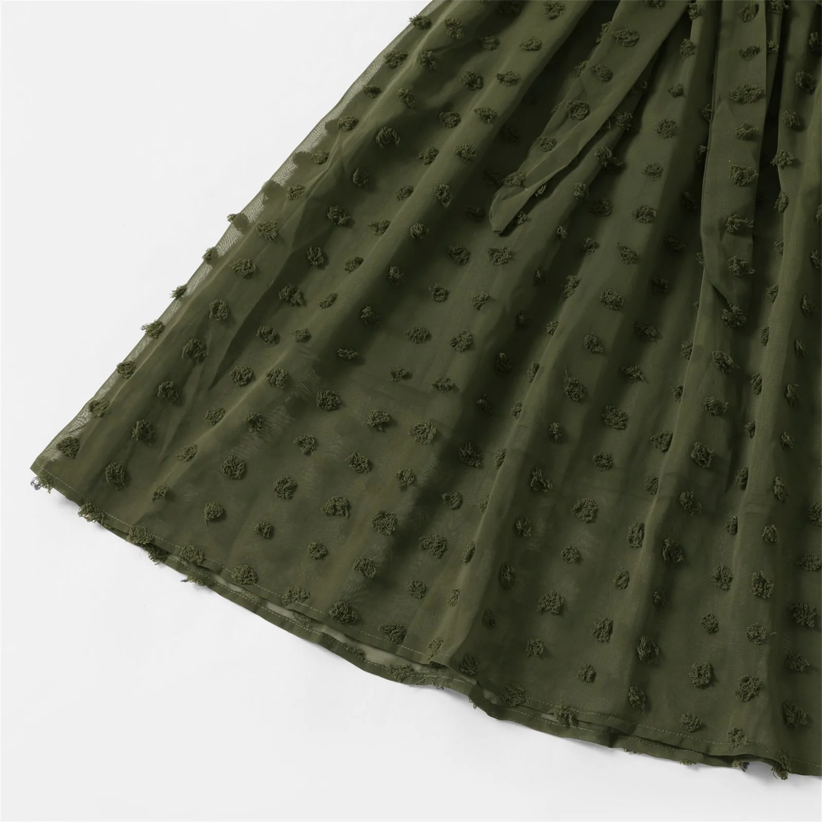 Family Matching Dress Army Green Swiss Dots Cross Wrap V Neck Short-sleeve Dresses and T-shirts