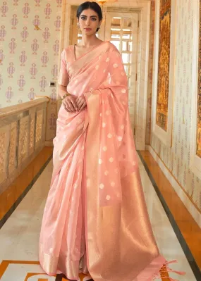 Flamingo Pink Zari Woven Linen Silk Saree