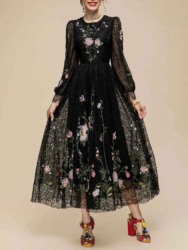 Floral Embroidery Slimming Dress For Women Round Neck Long Sleeve High Waist Temperament Lace A Line Dress Female Fashion