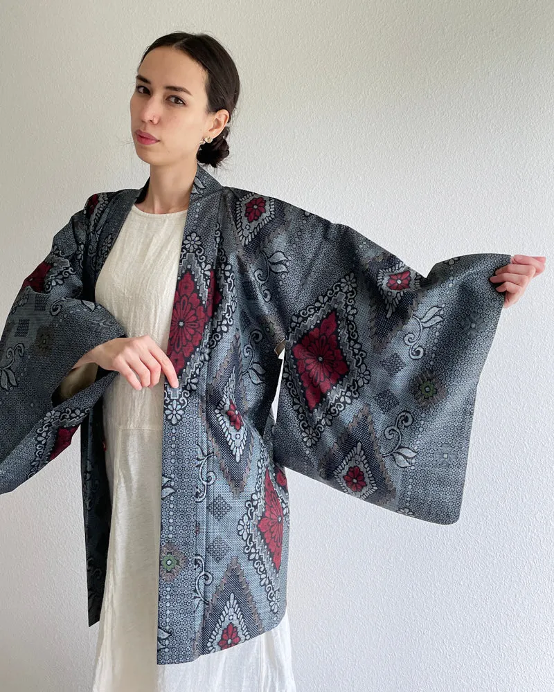 Flower Pattern Oshima Tsumugi Haori Kimono Jacket