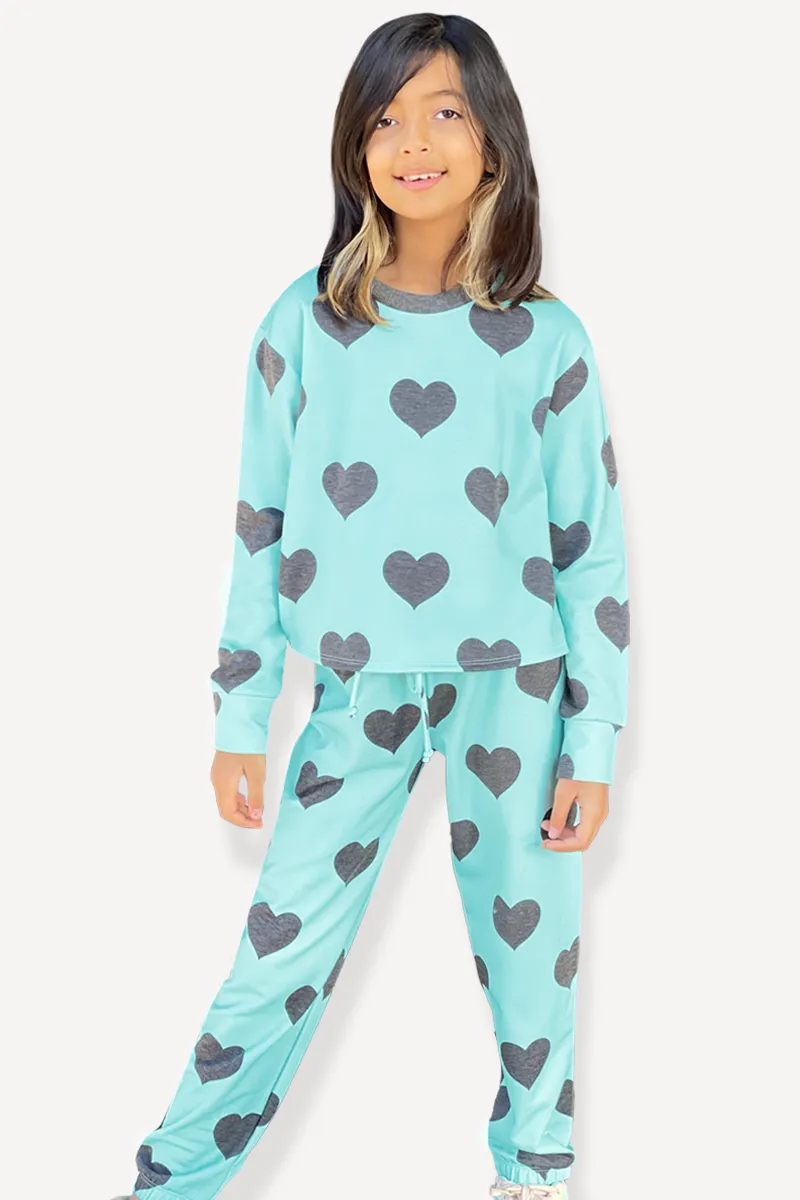 French Terry Cozy Sweatpant - Ice Mint Charcoal Hearts