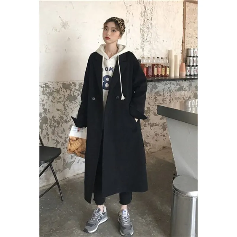 Full-Length Loose-Fit Faux Two-Piece Thickened Woolen Overcoat