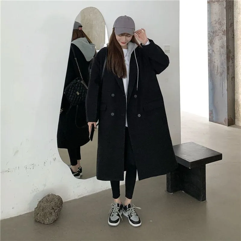 Full-Length Loose-Fit Faux Two-Piece Thickened Woolen Overcoat