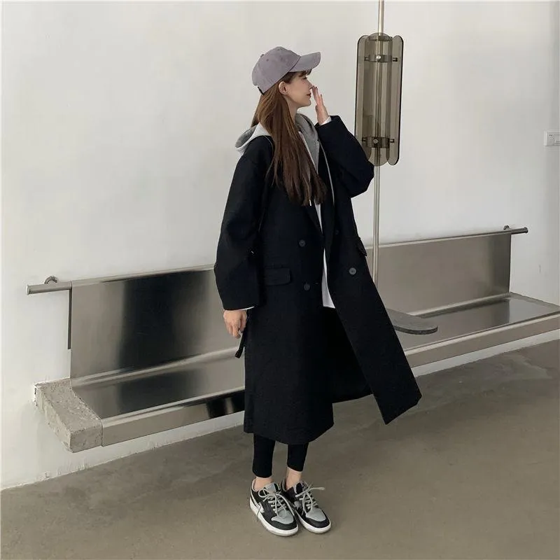 Full-Length Loose-Fit Faux Two-Piece Thickened Woolen Overcoat