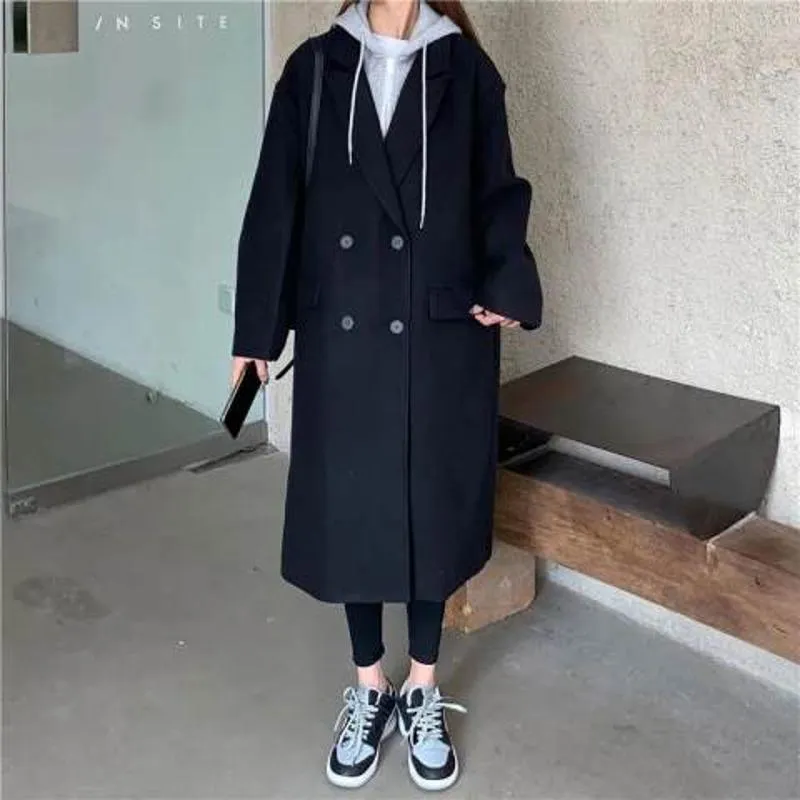 Full-Length Loose-Fit Faux Two-Piece Thickened Woolen Overcoat