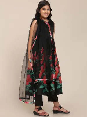 Girls Black Floral Printed Pleated Kurta With Trousers & With Dupatta