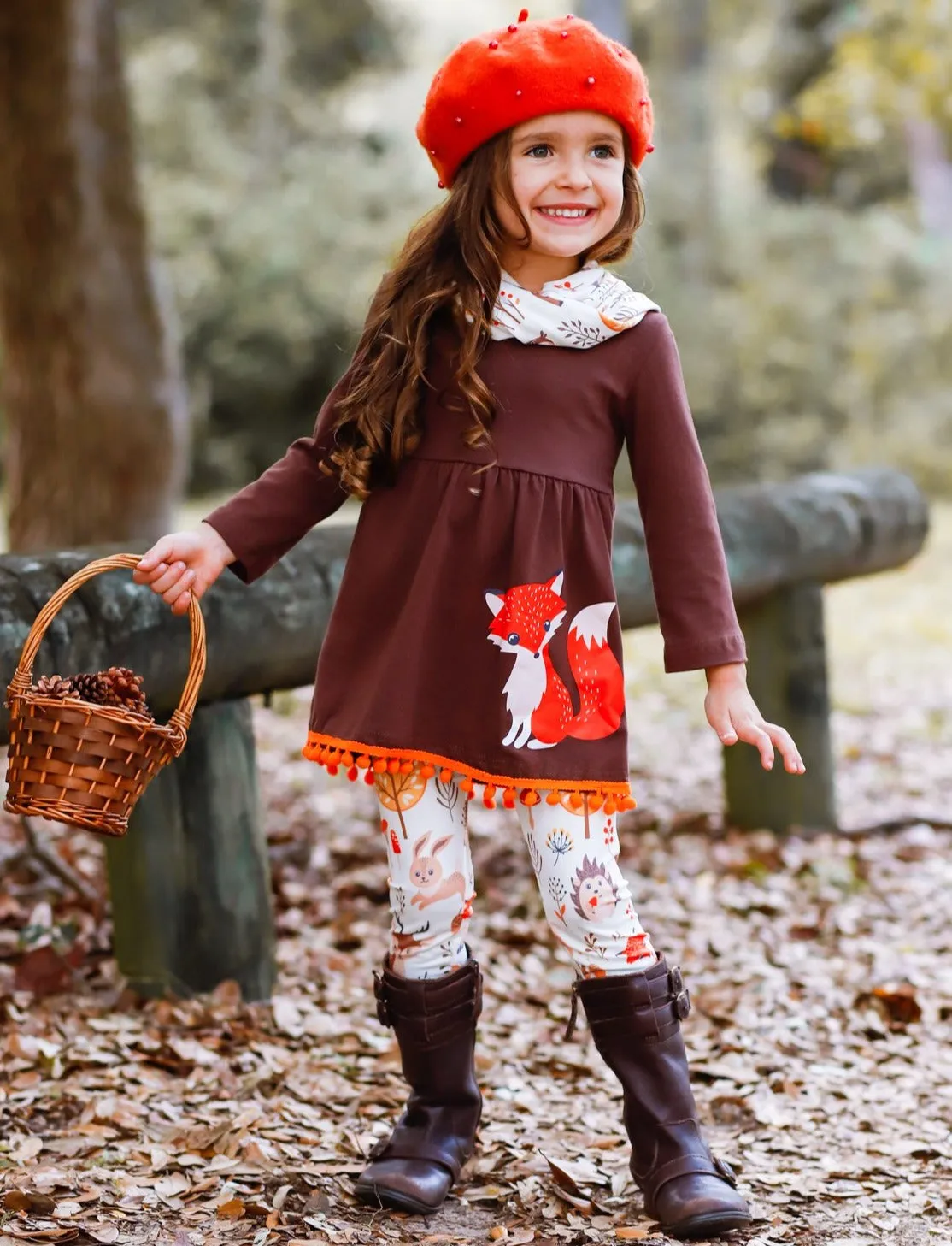 Girls Long Sleeve Fox Applique Tunic with Pom Pom Hem, Printed Leggings And Scarf Set