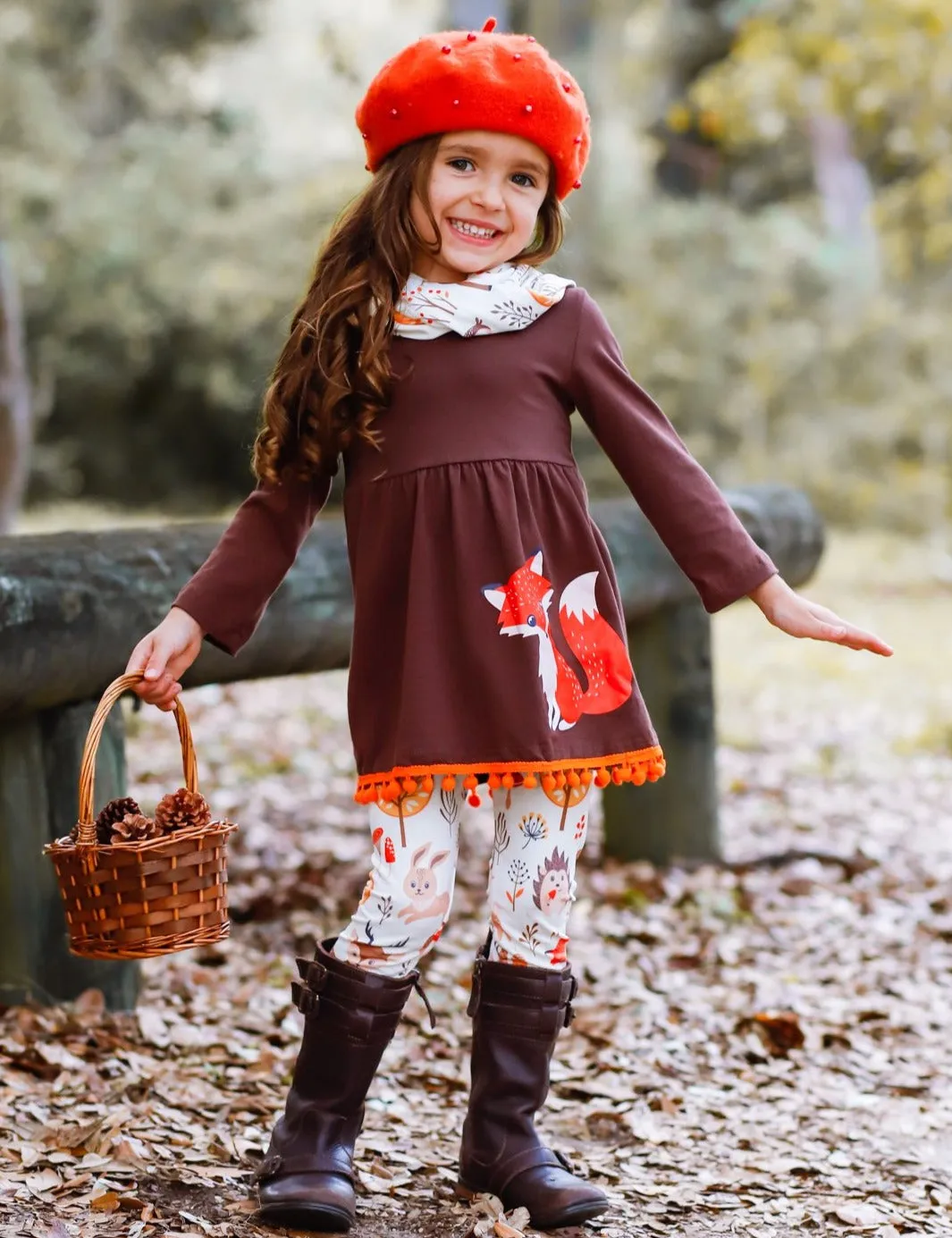 Girls Long Sleeve Fox Applique Tunic with Pom Pom Hem, Printed Leggings And Scarf Set