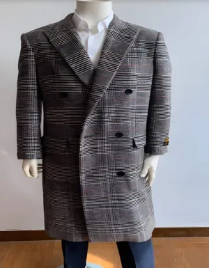 Glain plaid - Windowpane - Checkered Pattern Double Breasted Style Double Breasted Overcoat - Wool Top Coat - Full Length Coat Gray