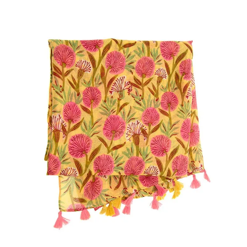 Golden Field of Pink Flowers Tassel Scarf