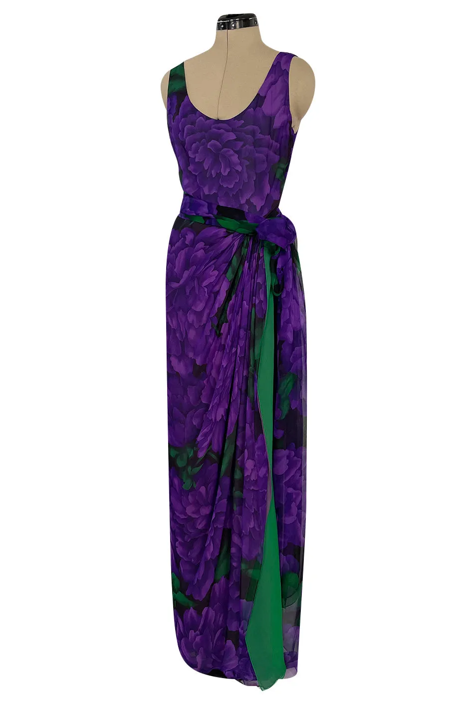 Gorgeous 1970s James Galanos Couture Purple & Green Print Silk Chiffon Dress w Draped Skirt