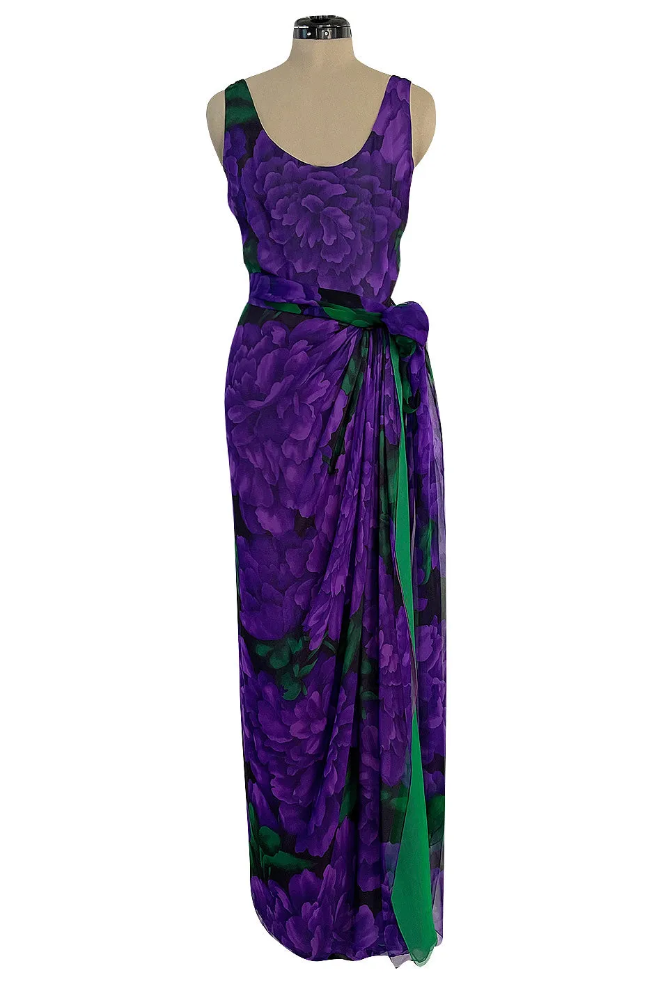 Gorgeous 1970s James Galanos Couture Purple & Green Print Silk Chiffon Dress w Draped Skirt