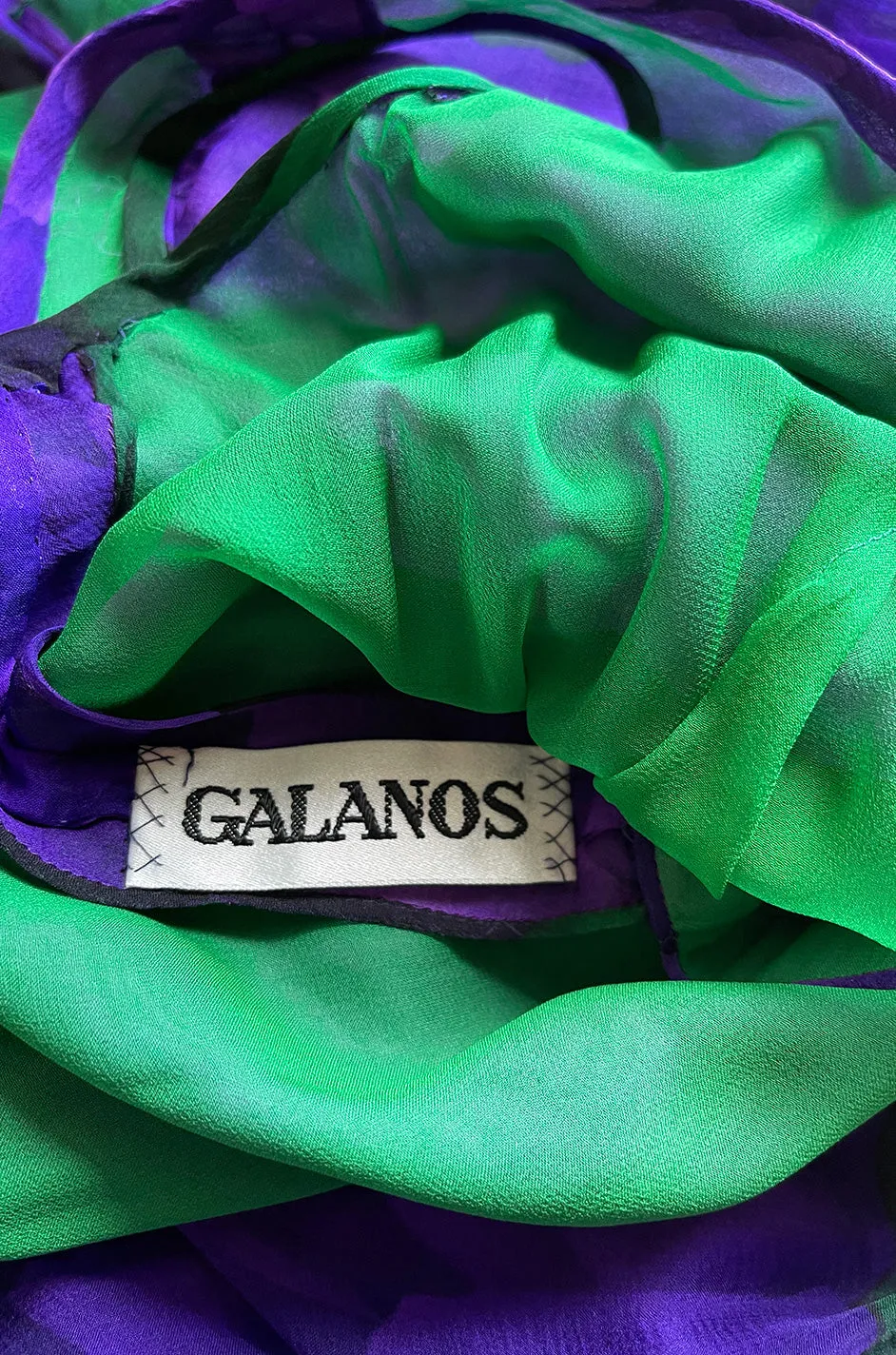 Gorgeous 1970s James Galanos Couture Purple & Green Print Silk Chiffon Dress w Draped Skirt