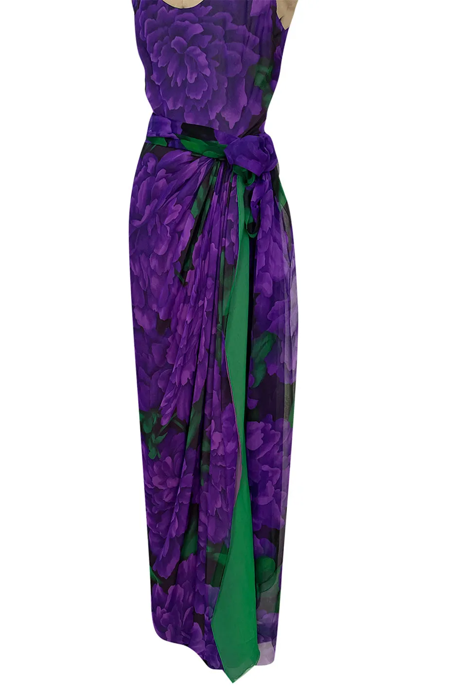 Gorgeous 1970s James Galanos Couture Purple & Green Print Silk Chiffon Dress w Draped Skirt